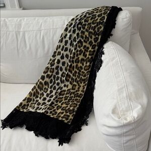 Ruia & Ruia  Leopard Print Scarf with Black Lace Trim
